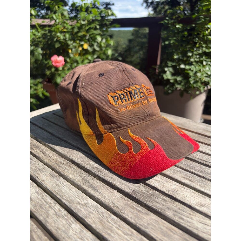 Vintage Flame Graphic Hat Distressed Brown Embroidered Workwear Cap